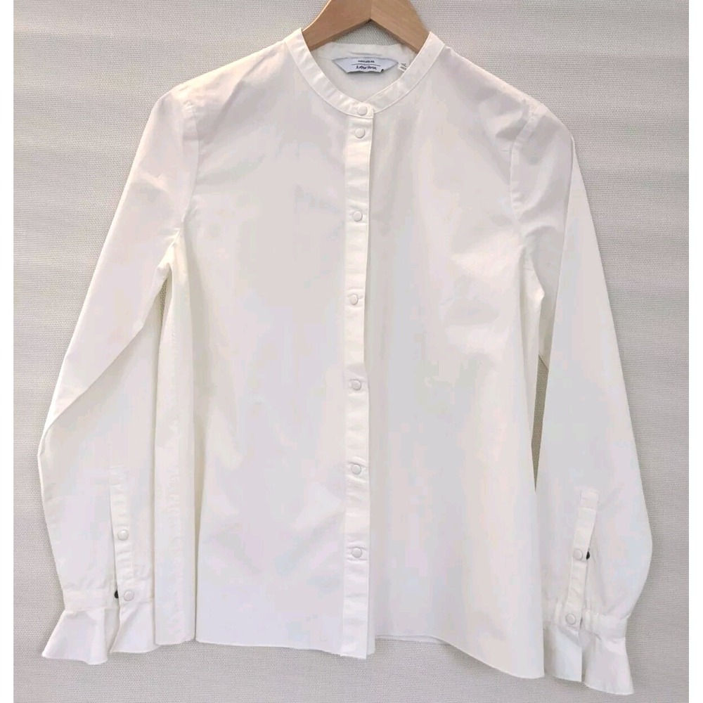 & OTHER Stories Off  White Band Collar Blouse with Ruffle Cuffs Snaps  Sz  8